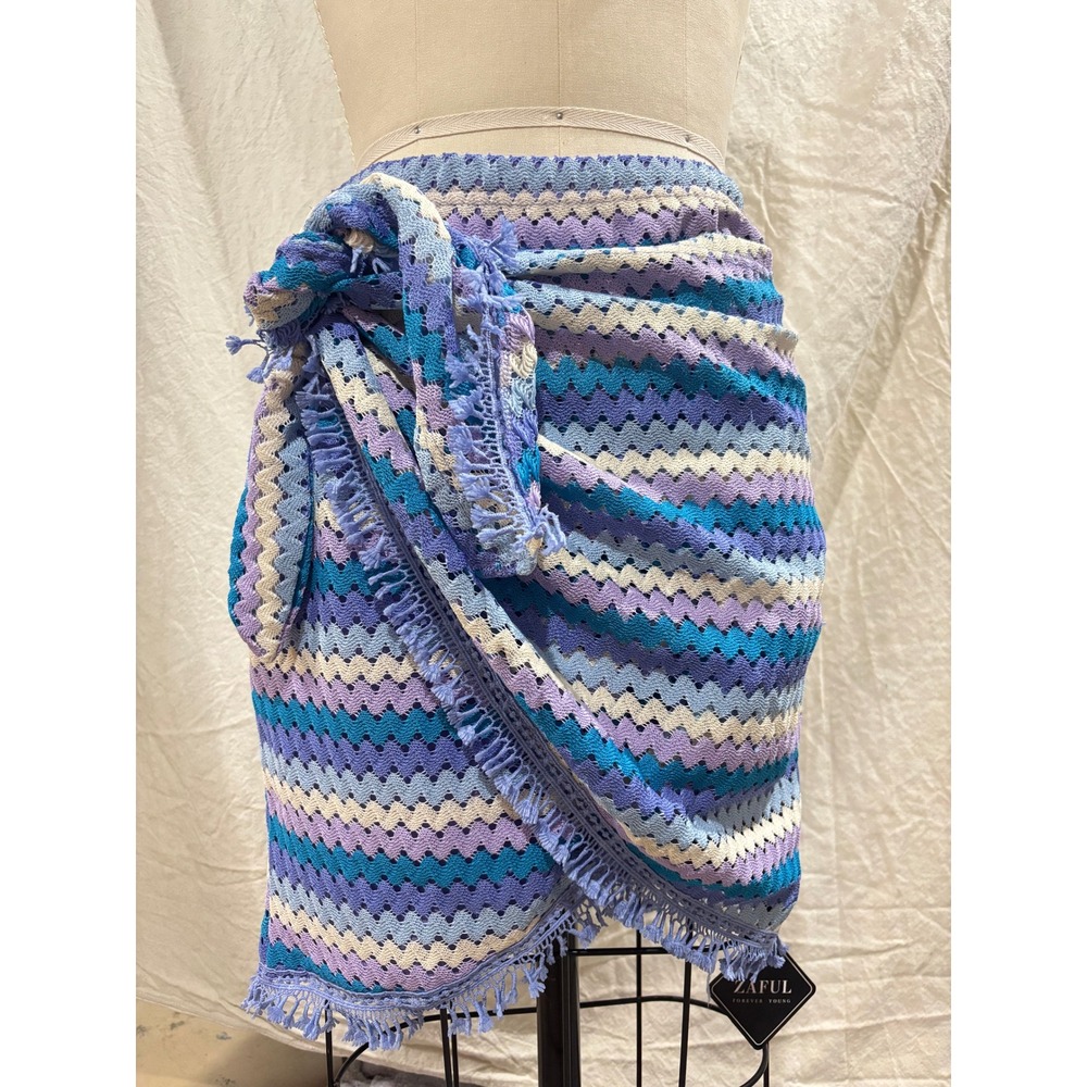 Zaful Blue Purple Crochet Chevron Wrap Mini Skirt Tassel Fringe Boho Size M NEW